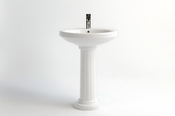 White ceramic pedestal sink with faucet, clean design on a white background