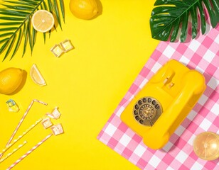 Summer creative layout with cocktail glass, lemons, drinking straws, ice cubes and yellow retro telephone with palm leaf on bright yellow and plaid background