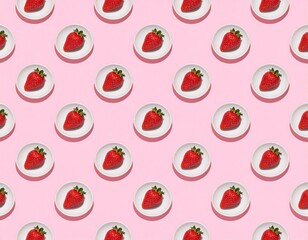 Summer creative pattern with strawberry on small plate on pastel pink background