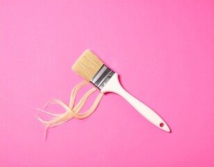 Paintbrush with soft blonde hair bristles on pink background