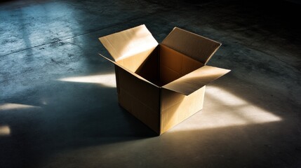 Cardboard box opened on concrete floor under dramatic lighting for shipping packing storage visuals