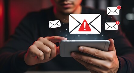 Man using smartphone receiving email alert notification about security threat or spam.
