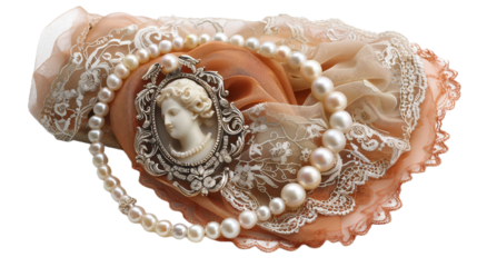 Antique Cameo Brooch with Lace Details on the Transparent Background