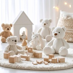 A colorful collection of children's toys arranged neatly on a soft play mat, including building blocks, stuffed animals, and wooden puzzles, bright lighting, cheerful atmosphere, ultra-detailed