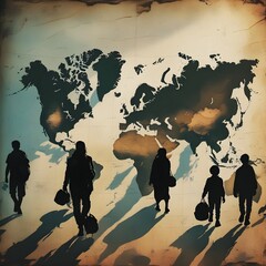 Silhouettes of travelers walking across a vintage world map background
