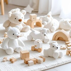 A colorful collection of children's toys arranged neatly on a soft play mat, including building blocks, stuffed animals, and wooden puzzles, bright lighting, cheerful atmosphere, ultra-detailed