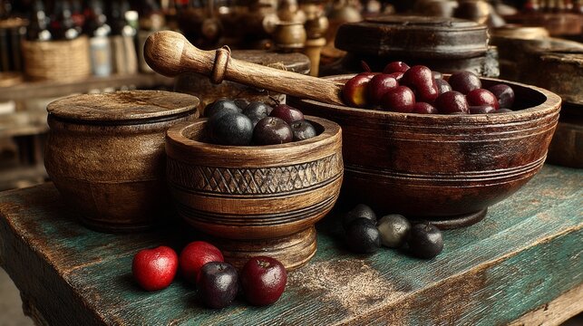 Vintage wooden bowls with berries and olives on textured surface for rustic food visuals