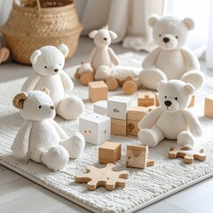 A colorful collection of children's toys arranged neatly on a soft play mat, including building blocks, stuffed animals, and wooden puzzles, bright lighting, cheerful atmosphere, ultra-detailed
