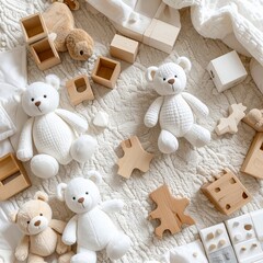 A colorful collection of children's toys arranged neatly on a soft play mat, including building blocks, stuffed animals, and wooden puzzles, bright lighting, cheerful atmosphere, ultra-detailed