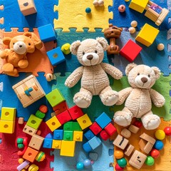 A colorful collection of children's toys arranged neatly on a soft play mat, including building blocks, stuffed animals, and wooden puzzles, bright lighting, cheerful atmosphere, ultra-detailed