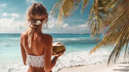 Back view of a woman in bikini holding a coconut, standing on beach. 