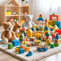 A colorful collection of children's toys arranged neatly on a soft play mat, including building blocks, stuffed animals, and wooden puzzles, bright lighting, cheerful atmosphere, ultra-detailed