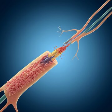  human nerve with autoimmune destruction of its protective myelin sheath, symbolizing Guillain-Barr&eacute; Syndrome.