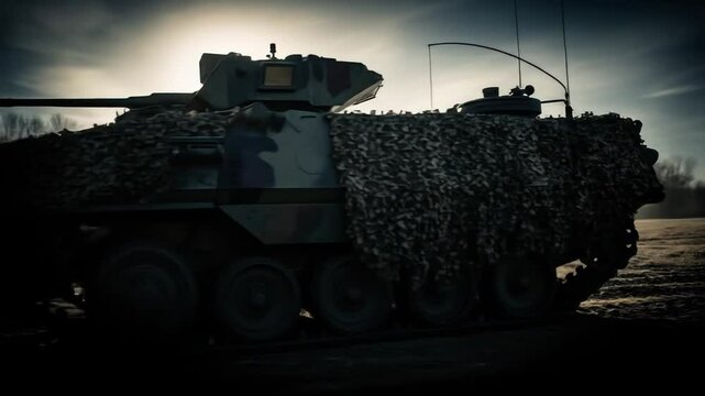 Camouflaged Military Tank at Sunrise