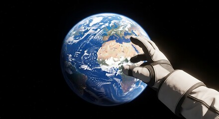 A global view of Earth and the Moon in space, a blue planet with continents like Europe, Asia, and America, showing land and ocean