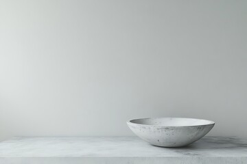 Minimalist concrete bowl on a concrete table. Soft lighting against a pale wall. Clean, modern aesthetic