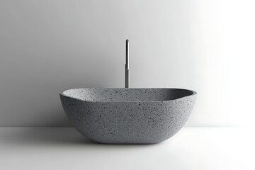 Modern, minimalist gray stone sink with tall faucet in a clean, well-lit space
