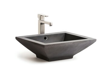 Angular gray concrete sink with modern chrome faucet on white background