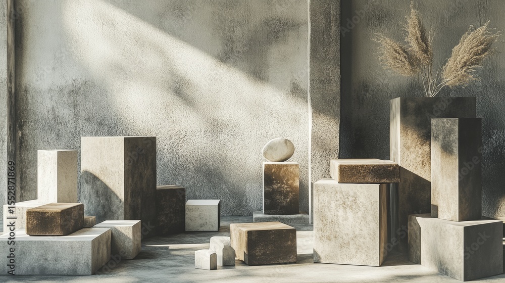Poster geometric abstract scene with concrete blocks and light for architectural minimalist product visuals