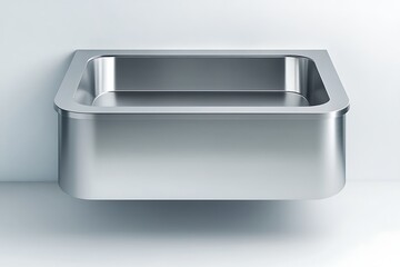 Metallic, rectangular, stainless steel basin. Sleek, reflective, and empty, mounted against a white wall