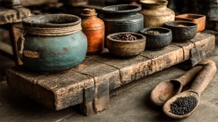 Vintage rustic kitchen scene with clay pots wooden utensils and aged table for cooking visuals