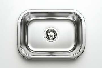 Gleaming stainless steel kitchen sink, rectangular design, drain visible, set against a white surface