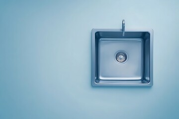 Square stainless steel sink, faucet. Isolated on a blue background with lots of space. Top down shot