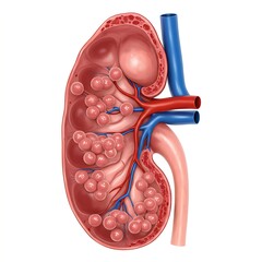 A human kidney with multiple large, fluid-filled cysts, symbolizing severe polycystic kidney disease (PKD).