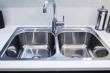 Gleaming stainless steel double kitchen sink with chrome faucet. Clean modern design