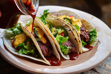 Tacos Being Drizzled With Sauce. Delicious tacos are drizzled with a vibrant red sauce, ready to be enjoyed. Fresh ingredients are in the tortillas.