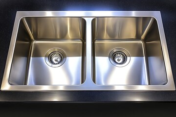 Shiny, stainless steel double sink with drains set in a dark countertop