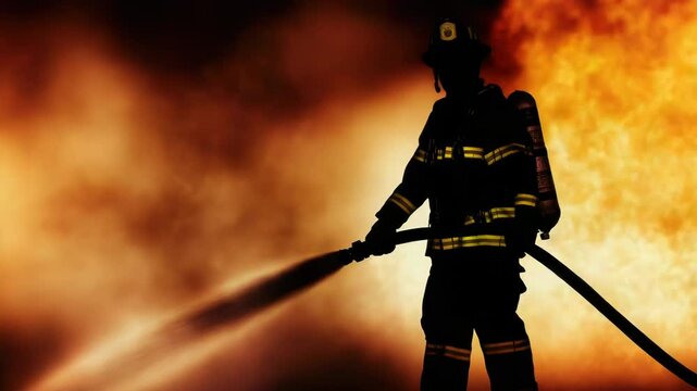 A person wearing firefighting gear uses a hose to put out a fire, practical use for emergency responders and fire safety demonstrations