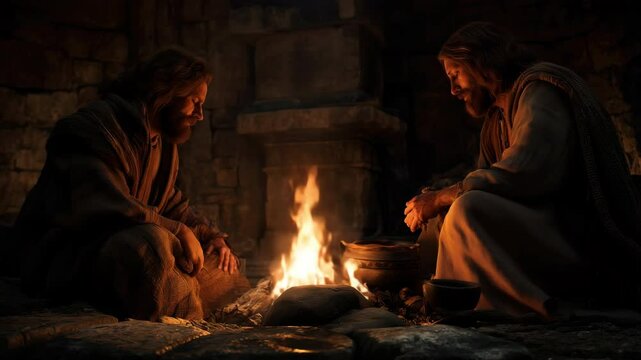 Photorealistic scene depicting Peter's denial of Jesus by the fire, capturing a somber mood of betrayal and remorse. Inspired by the Bible, specifically the Gospels.