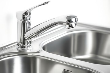 Shiny chrome faucet over stainless steel sink, close-up detail of water fixture
