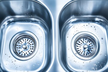 Gleaming stainless steel kitchen sink with drain filters and water droplets