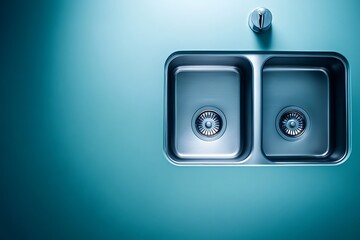 Shiny, double stainless steel sink with chrome fixture on teal background. Clean, modern design