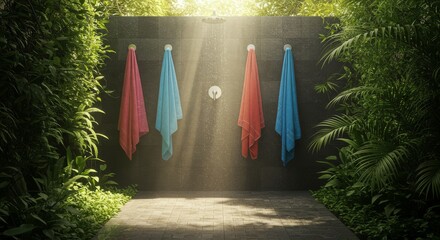 Colorful towels hanging in outdoor shower surrounded by greenery