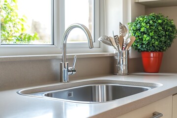 Kitchen sink with faucet, window, utensils, and a plant. Clean and bright interior with modern design