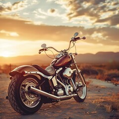Classic cruiser motorcycle parked on desert landscape at sunset with dramatic cloudsky and mountain range in background, captu the essence of adventure and freedom