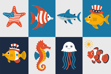 Ocean tiles illustration set. Starfish, jellyfish, striped fish, clownfish, smiling shark, crab, yellow whale, seahorse, dark and light tile background. Underwater animal square vector set  