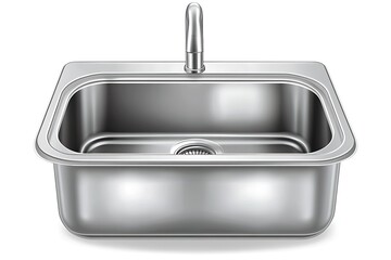 Shiny, stainless steel rectangular kitchen sink with faucet and drain