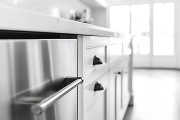 Modern kitchen detail, stainless steel dishwasher, white cabinets, bright, natural light