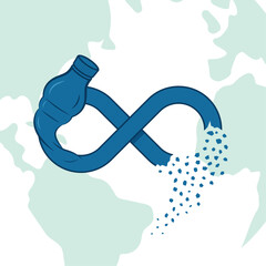 Vector illustration of a twisted plastic bottle in an infinity shape breaking into microplastics over Earth. Symbolizing plastic never truly disappears and highlighting global plastic pollution.