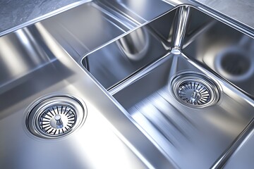 Gleaming stainless steel kitchen sink with multiple basins. Clean, reflective surface. Close-up detail