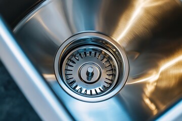 Close-up of a shiny, stainless steel sink drain with a detailed strainer