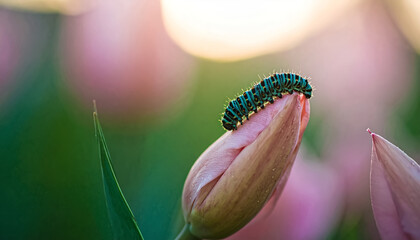 caterpillar  on pink Tulip with Bokeh Background
