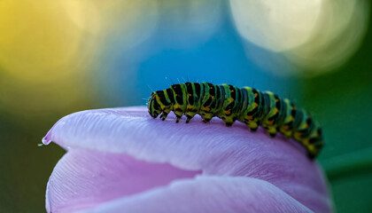 caterpillar  on pink Tulip with Bokeh Background