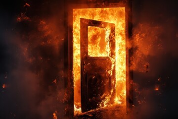 Fototapeta premium Wooden door engulfed in flames, surrounded by smoke and intense heat. Perfect for illustrating crisis, danger, or metaphorical burning of the past.