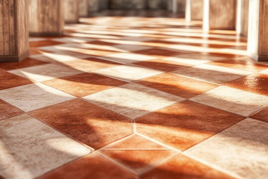 Sunlit terracotta and beige checkered floor tiles create a warm, inviting atmosphere.