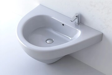 Fototapeta premium Modern, white, curved wall-mounted sink with chrome faucet & drain, set against a textured wall